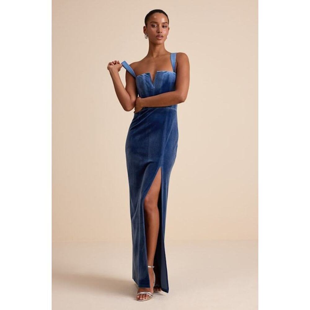 Lulus Pristine Luxury Blue Velvet Bustier Maxi Dress - Size L